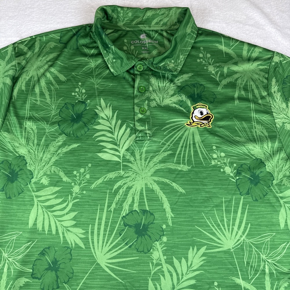 Oregon Ducks Colosseum Polo Men's XXL Duck Logo Green Floral Hawaiian Tropical